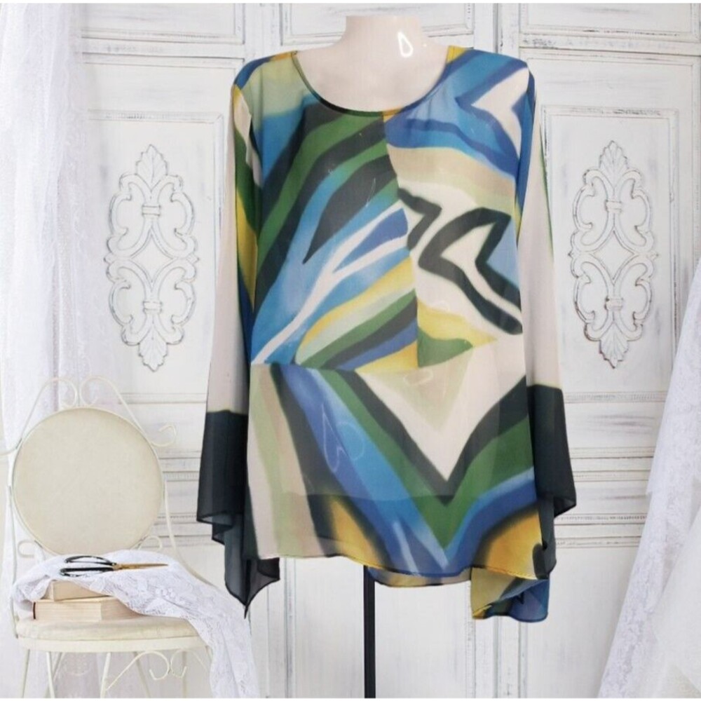 Chico's Travelers Women's Tunic Top Sheer Geometric Flirty Multicolor Size XL